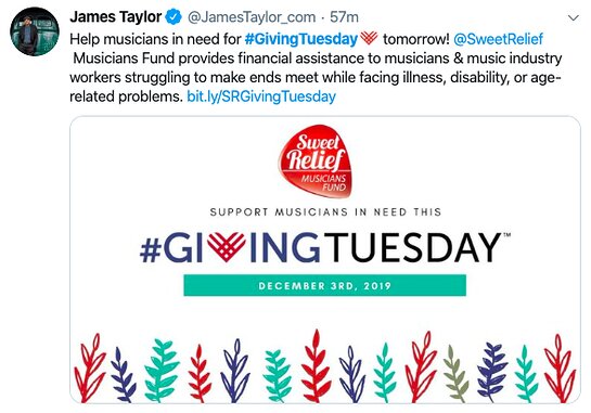 James Taylor is supporting Sweet Relief this Giving Tuesday.