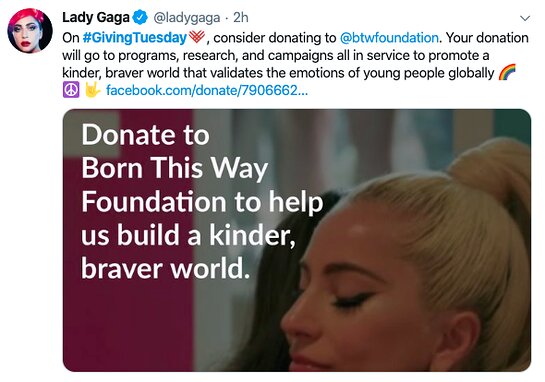 Lady Gaga is asking fans to support her foundation on GivingTuesday.