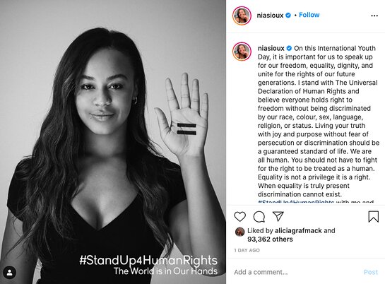 Nia Sioux supports equality through the World is in Our Hands.